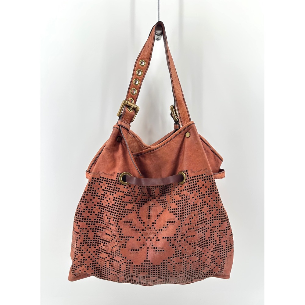 Lockheart Cognac Brown Leather Laser Cut Floral Hobo Shoulder Bag M004722